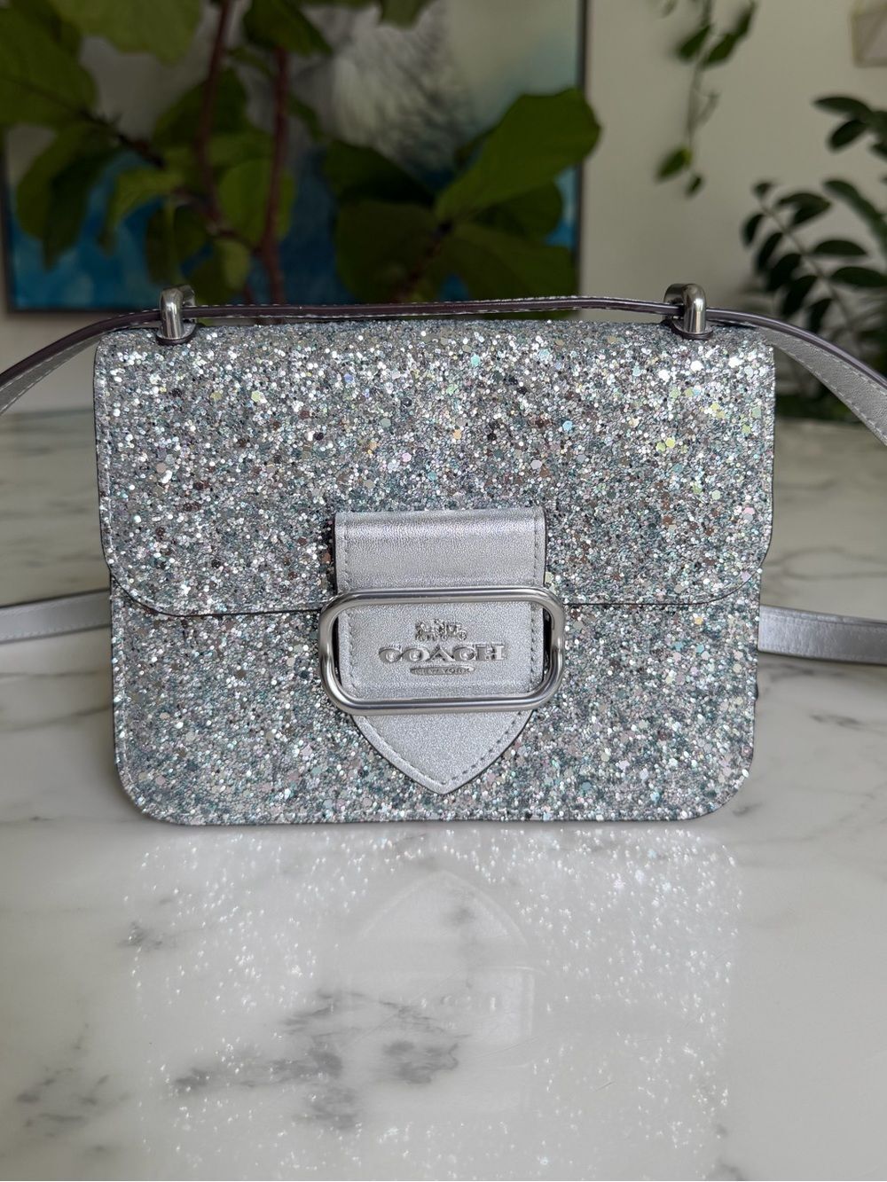 Coach Morgan Square Crossbody Shoulder Bag in Silver Glitter Leather CO925